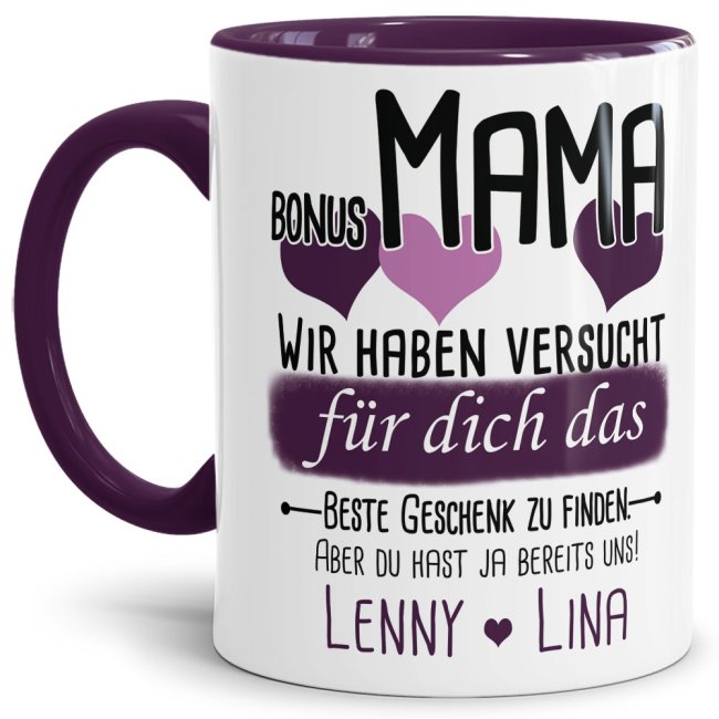 Tasse von WUNSCHNAMEN - F&uuml;r Bonus-Mama von mehr Kindern - Innen &amp; Henkel Violett