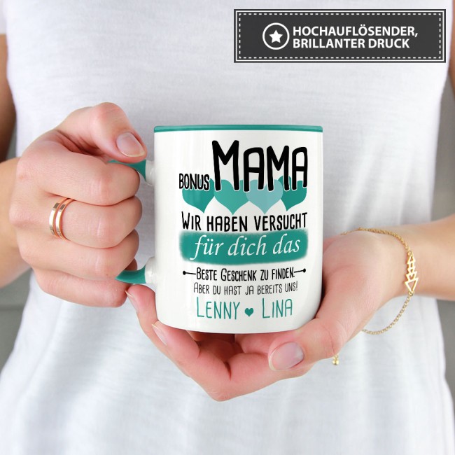 Tasse von WUNSCHNAMEN - Für Bonus-Mama von mehr Kindern - Innen & Henkel Türkis