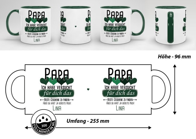 Tasse von WUNSCHNAME - F&uuml;r Papa von einem Kind - Innen &amp; Henkel Dunkelgr&uuml;n