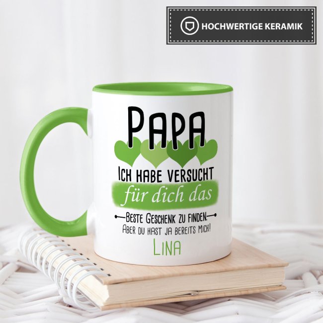 Tasse von WUNSCHNAME - F&uuml;r Papa von einem Kind - Innen &amp; Henkel Hellgr&uuml;n