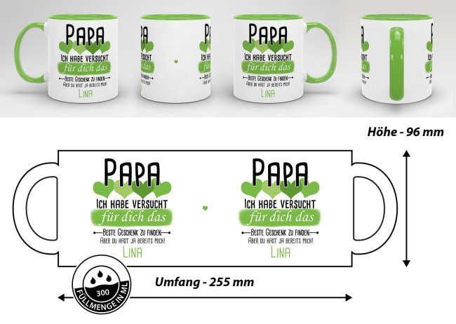 Tasse von WUNSCHNAME - F&uuml;r Papa von einem Kind - Innen &amp; Henkel Hellgr&uuml;n