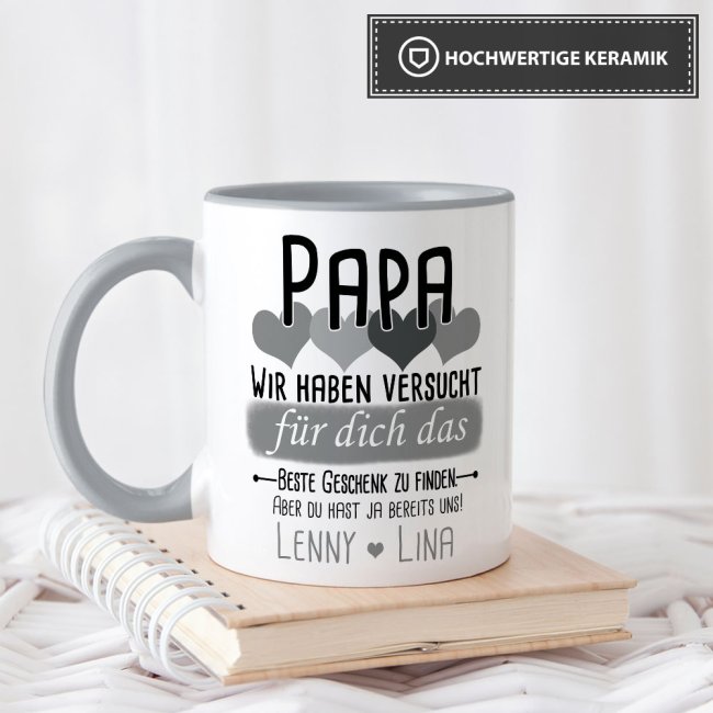 Tasse von WUNSCHNAMEN - F&uuml;r Papa von mehr Kindern - Innen &amp; Henkel Grau