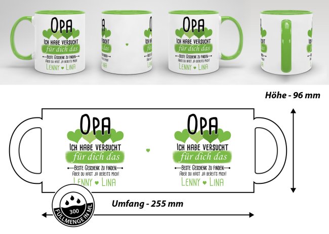 Tasse von WUNSCHNAMEN - F&uuml;r Opa von mehr Kindern - Innen &amp; Henkel Hellgr&uuml;n