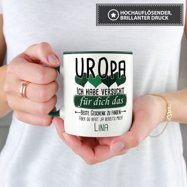 Tasse von WUNSCHNAME - F&uuml;r Uropa von einem Kind - Innen &amp; Henkel Dunkelgr&uuml;n