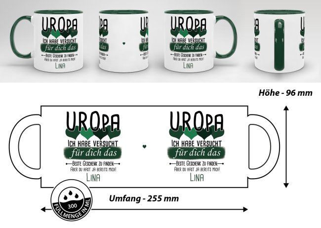 Tasse von WUNSCHNAME - F&uuml;r Uropa von einem Kind - Innen &amp; Henkel Dunkelgr&uuml;n