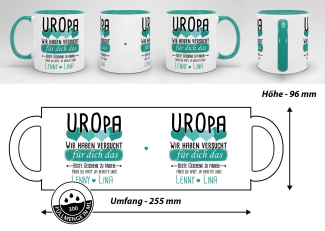 Tasse von WUNSCHNAMEN - F&uuml;r Uropa von mehr Kindern - Innen &amp; Henkel T&uuml;rkis