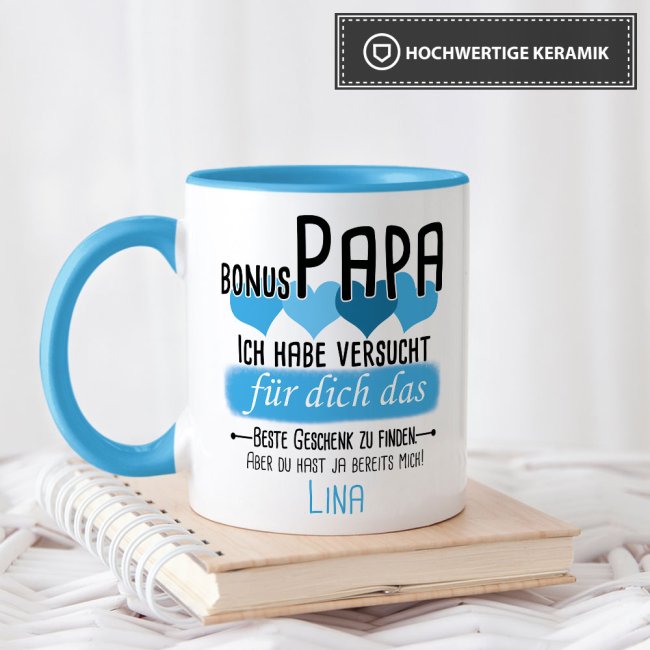 Tasse von WUNSCHNAME - F&uuml;r Bonus-Papa von einem Kind - Innen &amp; Henkel Hellblau