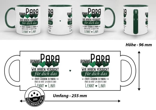 Tasse von WUNSCHNAMEN - F&uuml;r Bonus-Papa von mehr Kindern - Innen &amp; Henkel Dunkelgr&uuml;n