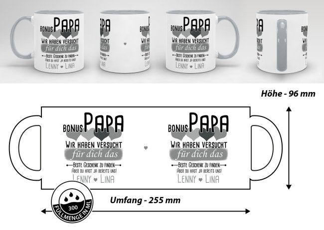 Tasse von WUNSCHNAMEN - F&uuml;r Bonus-Papa von mehr Kindern - Innen &amp; Henkel Grau