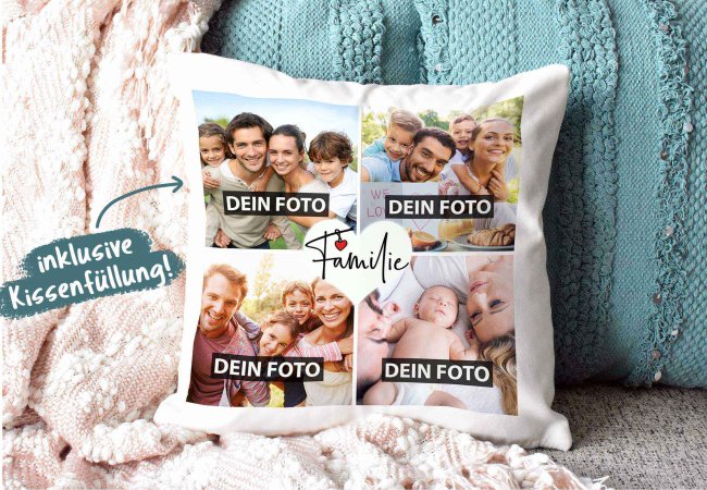 Kissen mit F&uuml;llung - Fotocollage zum selbst Gestalten - Familie - mit vier Fotos