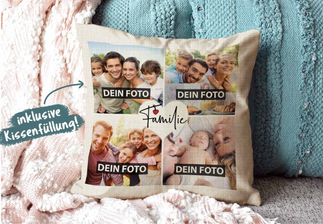 Kissen mit F&uuml;llung - Fotocollage zum selbst Gestalten - Familie - mit vier Fotos Kissen Leinenoptik- Natur