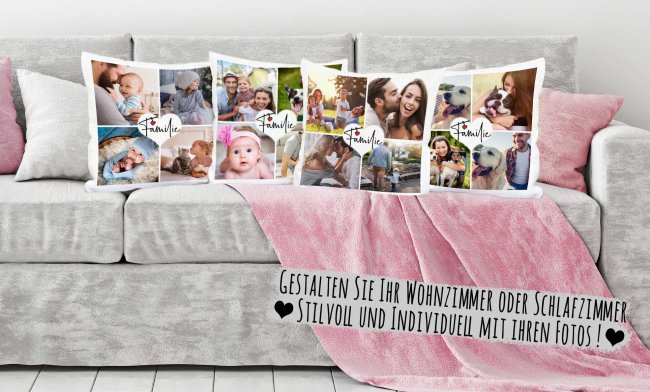 Kissen mit F&uuml;llung - Fotocollage zum selbst Gestalten - Familie - mit vier Fotos Kissen Leinenoptik- Natur