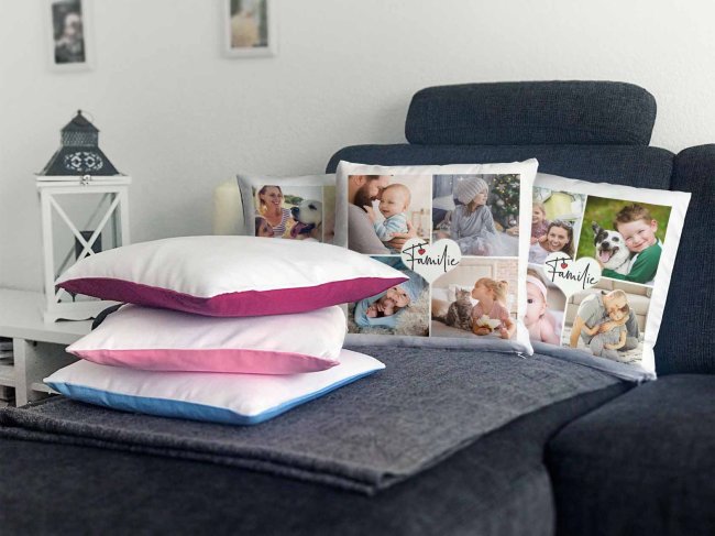 Kissen mit F&uuml;llung - Fotocollage zum selbst Gestalten - Familie - mit vier Fotos Kissen Leinenoptik- Natur