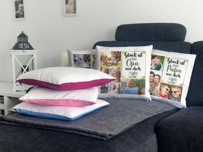Kissen mit F&uuml;llung - Fotocollage - GL&Uuml;CK -  zum selbst Gestalten mit drei Fotos - f&uuml;r M&auml;nner