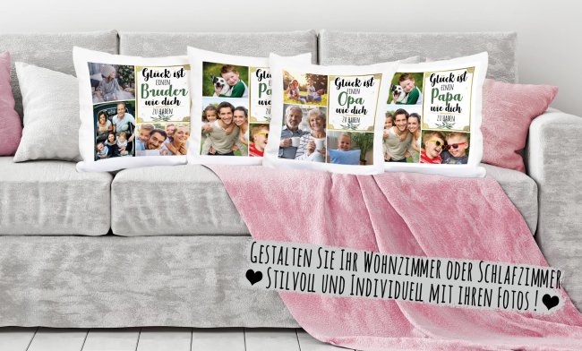 Kissen mit F&uuml;llung - Fotocollage - GL&Uuml;CK - zum selbst Gestalten mit drei Fotos f&uuml;r Papa  - Wei&szlig; glatt