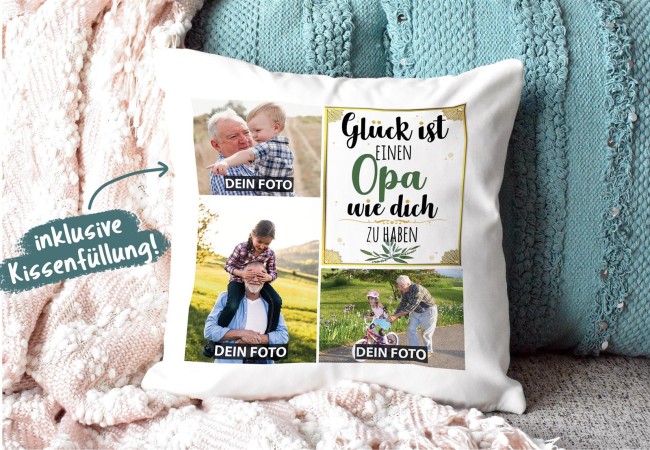 Kissen mit F&uuml;llung - Fotocollage - GL&Uuml;CK - zum selbst Gestalten mit drei Fotos f&uuml;r Opa  - Wei&szlig; glatt
