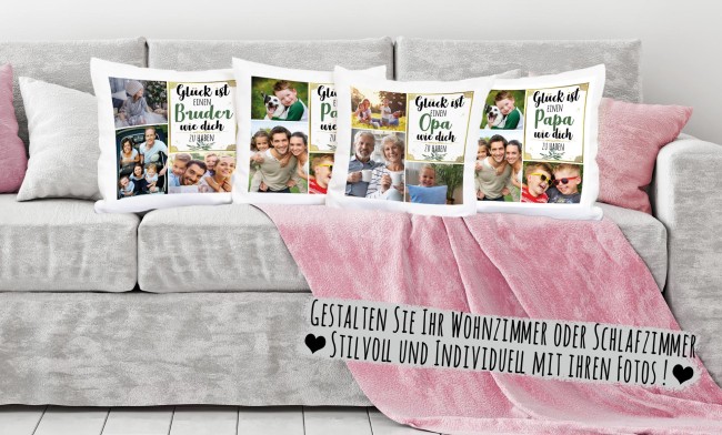 Kissen mit F&uuml;llung - Fotocollage - GL&Uuml;CK - zum selbst Gestalten mit drei Fotos f&uuml;r Uropa - Wei&szlig; glatt
