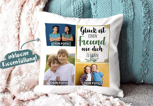 Kissen mit F&uuml;llung - Fotocollage - GL&Uuml;CK - zum selbst Gestalten mit drei Fotos f&uuml;r den Freund  - Wei&szlig; glatt