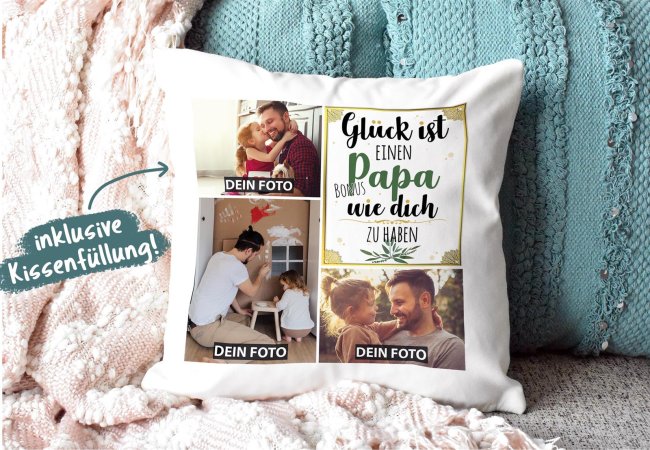 Kissen mit F&uuml;llung - Fotocollage - GL&Uuml;CK - zum selbst Gestalten mit drei Fotos f&uuml;r den Bonuspapa - Wei&szlig; glatt