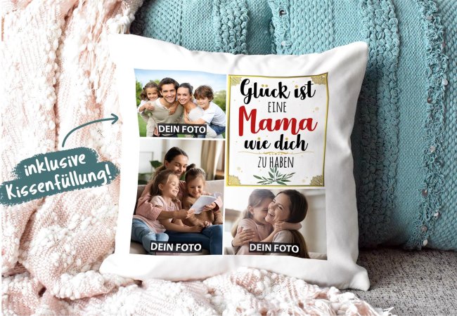 Kissen mit F&uuml;llung - Fotocollage - GL&Uuml;CK - zum selbst Gestalten mit drei Fotos f&uuml;r Mama  - Wei&szlig; glatt