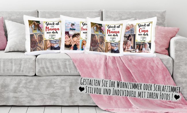 Kissen mit F&uuml;llung - Fotocollage - GL&Uuml;CK - zum selbst Gestalten mit drei Fotos f&uuml;r Mama  - Wei&szlig; glatt