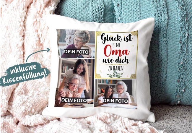 Kissen mit F&uuml;llung - Fotocollage - GL&Uuml;CK - zum selbst Gestalten mit drei Fotos f&uuml;r Oma  - Wei&szlig; glatt