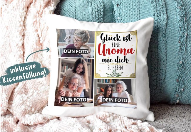 Kissen mit F&uuml;llung - Fotocollage - GL&Uuml;CK - zum selbst Gestalten mit drei Fotos f&uuml;r Uroma - Wei&szlig; glatt