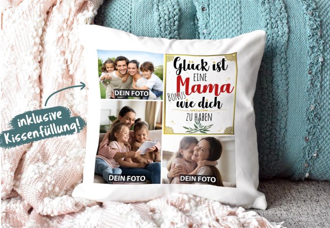 Kissen mit F&uuml;llung - Fotocollage - GL&Uuml;CK - zum selbst Gestalten mit drei Fotos f&uuml;r die Bonusmama - Wei&szlig; glatt