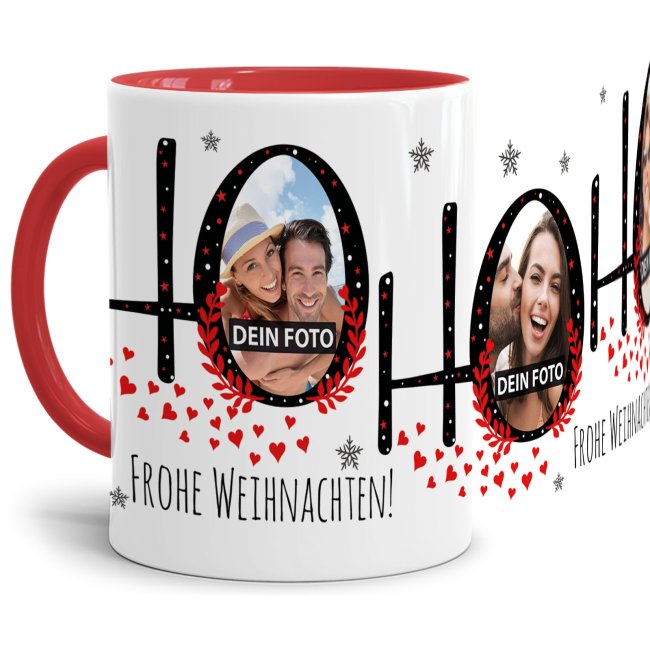 Weihnachtstasse selbst gestalten mit Fotos - HO HO HO - Innen &amp; Henkel Rot