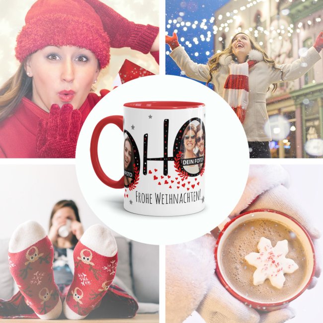 Weihnachtstasse selbst gestalten mit Fotos - HO HO HO - Innen &amp; Henkel Rot