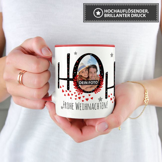 Weihnachtstasse selbst gestalten mit Fotos - HO HO HO - Innen &amp; Henkel Rot