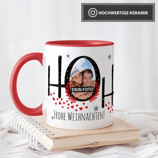 Weihnachtstasse selbst gestalten mit Fotos - HO HO HO - Innen &amp; Henkel Rot