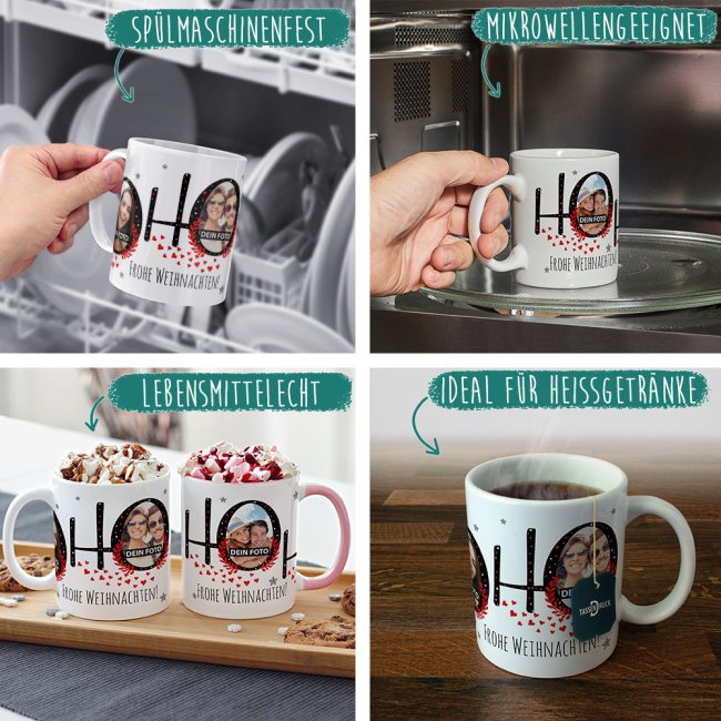 Weihnachtstasse selbst gestalten mit Fotos - HO HO HO - Innen &amp; Henkel Rot