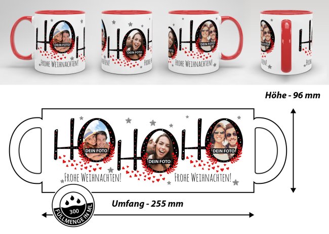 Weihnachtstasse selbst gestalten mit Fotos - HO HO HO - Innen &amp; Henkel Rot