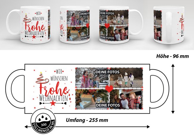 Weihnachtstasse selbst gestalten mit 4 Fotos Wei&szlig;