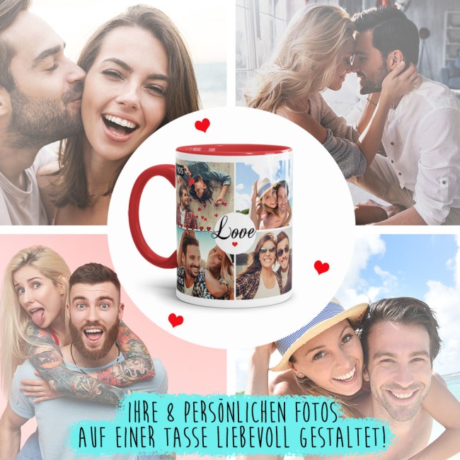 Fototasse - LOVE - zum selbst Gestalten mit 8 Fotos - Innen &amp; Henkel Rot