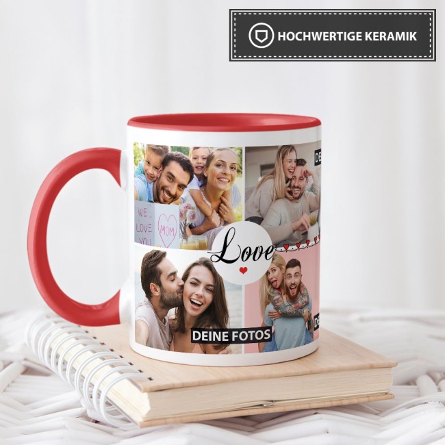 Fototasse - LOVE - zum selbst Gestalten mit 8 Fotos - Innen &amp; Henkel Rot