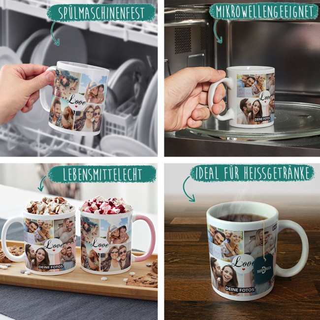 Fototasse - LOVE - zum selbst Gestalten mit 8 Fotos - Innen &amp; Henkel Rot