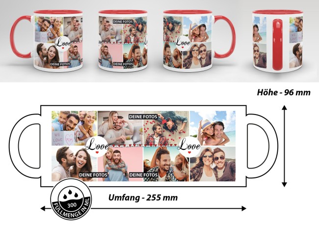 Fototasse - LOVE - zum selbst Gestalten mit 8 Fotos - Innen &amp; Henkel Rot