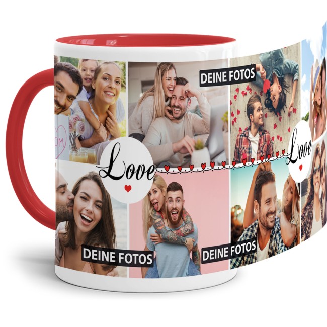Fototasse - LOVE - zum selbst Gestalten mit 8 Fotos - Innen &amp; Henkel Rot