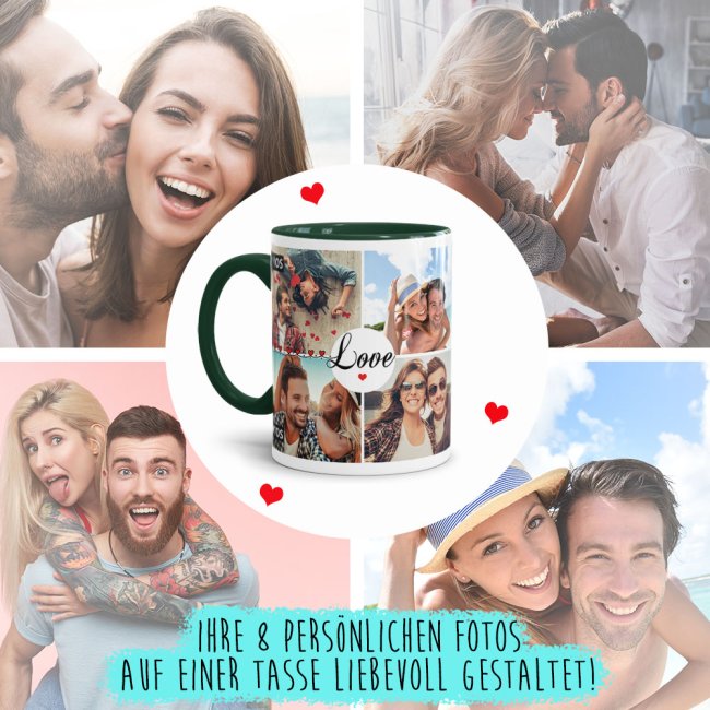 Fototasse - LOVE - zum selbst Gestalten mit 8 Fotos - Innen &amp; Henkel Dunkelgr&uuml;n