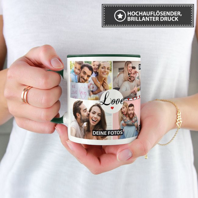 Fototasse - LOVE - zum selbst Gestalten mit 8 Fotos - Innen &amp; Henkel Dunkelgr&uuml;n