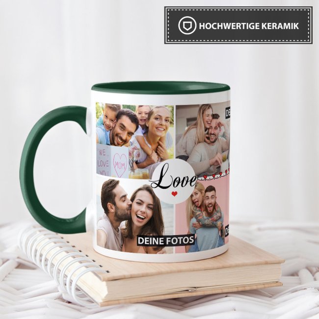 Fototasse - LOVE - zum selbst Gestalten mit 8 Fotos - Innen &amp; Henkel Dunkelgr&uuml;n