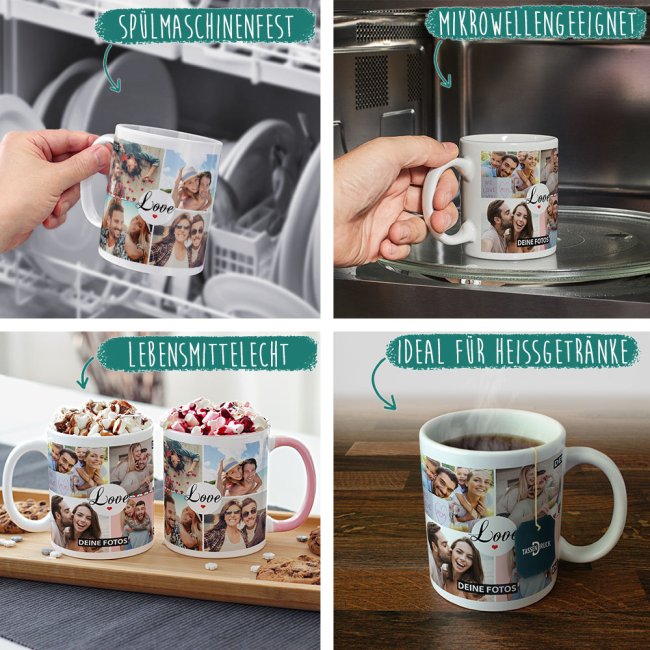 Fototasse - LOVE - zum selbst Gestalten mit 8 Fotos - Innen &amp; Henkel Dunkelgr&uuml;n