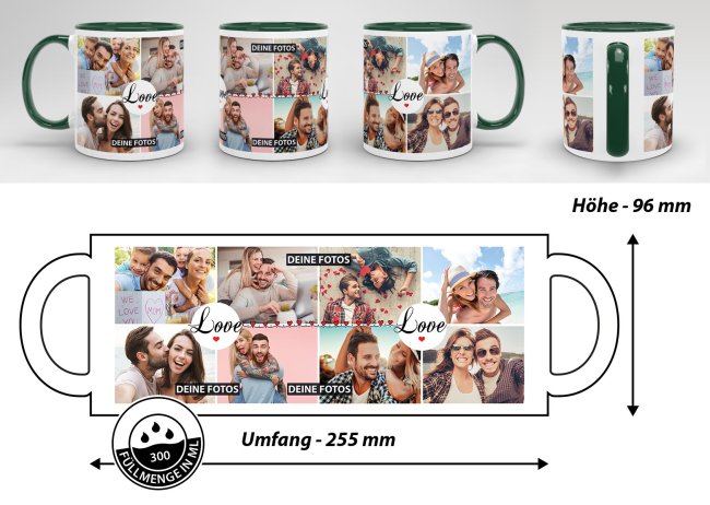 Fototasse - LOVE - zum selbst Gestalten mit 8 Fotos - Innen &amp; Henkel Dunkelgr&uuml;n