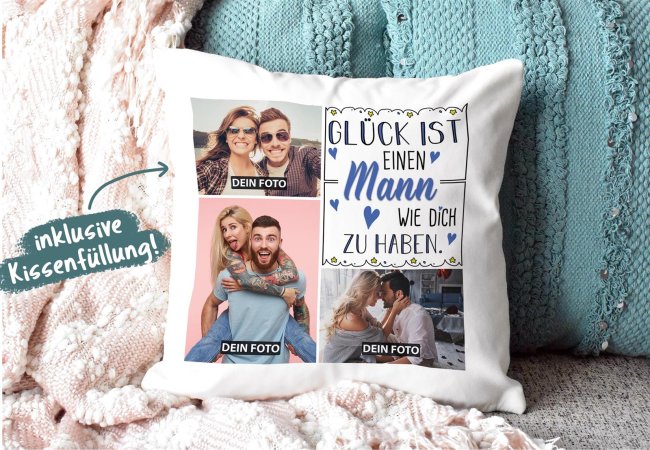 Kissen mit F&uuml;llung - Fotocollage - GL&Uuml;CK - zum selbst Gestalten mit drei Fotos f&uuml;r den Mann - Wei&szlig; glatt