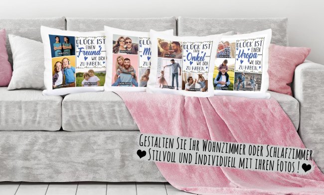 Kissen mit F&uuml;llung - Fotocollage - GL&Uuml;CK - zum selbst Gestalten mit drei Fotos f&uuml;r den Mann - Wei&szlig; glatt