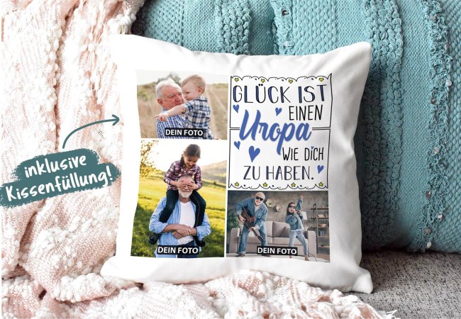 Kissen mit F&uuml;llung - Fotocollage - GL&Uuml;CK - zum selbst Gestalten mit drei Fotos f&uuml;r den Uropa - Wei&szlig; glatt