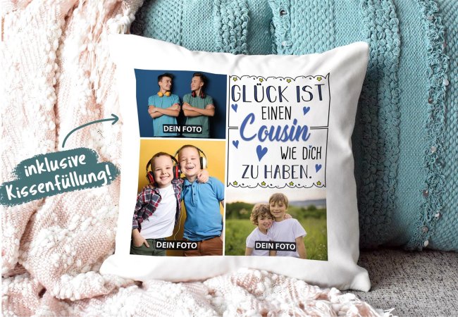 Kissen mit F&uuml;llung - Fotocollage - GL&Uuml;CK - zum selbst Gestalten mit drei Fotos f&uuml;r den Cousin - Wei&szlig; glatt