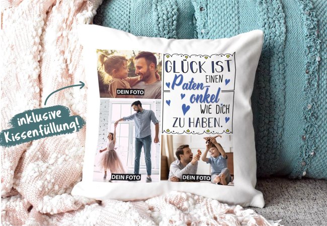 Kissen mit F&uuml;llung - Fotocollage - GL&Uuml;CK - zum selbst Gestalten mit drei Fotos f&uuml;r den Patenonkel - Wei&szlig; glatt